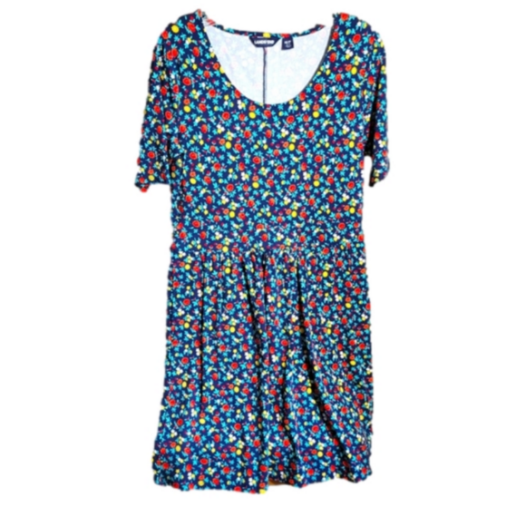 Lands'end navy floral pocketed empire waist round neck medium petite 10-12 dress - Picture 1 of 7